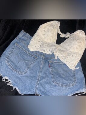 Crochet Cream Bralette with Light Blue Denim Shorts